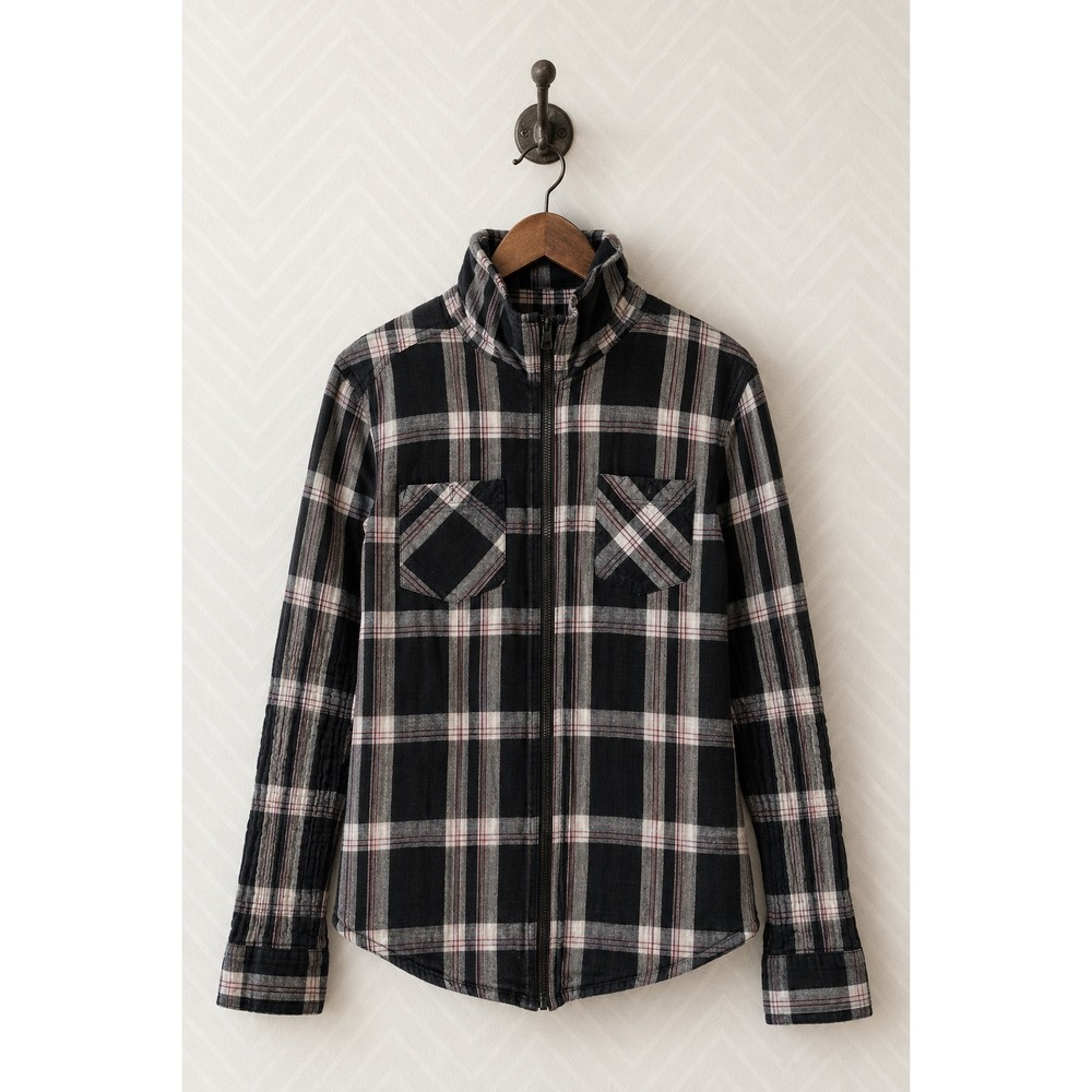 21 Men Hooded Flannel Shirt Zip Up Plaid Jacket Black White Large